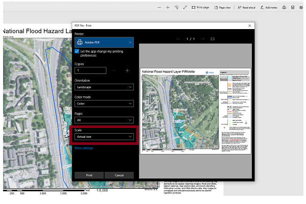 NFHL FIRMette print interface. Options include, Printer, Copies, Orientation, Color mode, Pages, Scale - Actual Size. Scale - Actual Size is highlighted.