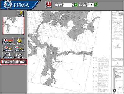 FEMA FIRMette Web Tool with map displayed. Interface has Info, Help, Zoom Win, Pan, 1:1 Zoom In, MAX Zoom Out, and Make a FIRMette buttons. MAKE a FIRMette button is highlighted.