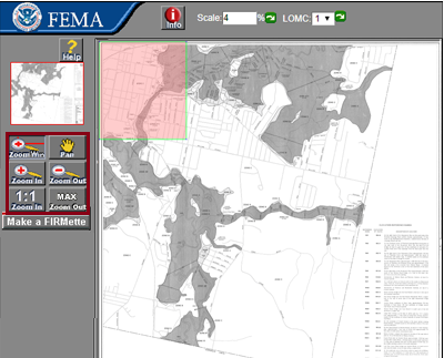 FIRMette Web interface with the Zoom Win, Pan, Plus sign Zoom In, Minus sign Zoom Out, 1:1 Zoom In, and MAX Zoom Out button highlighted. The six button are in two columns above the Make a FIRMette button.