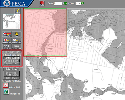 FEMA FIRMette Web interface with Zoom Win, Pan, plus sign Zoom, minus sign Zoom, 1:1 Zoom In, MAX Zoom Out buttons. Follow Instructions 1. Select page size. Letter 8.5 x11, Legal 8.5x14, Tabloid 11x17. 2. Select & Move Areas. Print Area, Scale and North Arrow, Title Block. 3. Create FIRMette. Adobe PDF, Image File. The 1. Select page size. Letter 8.5 x11, Legal 8.5x14, Tabloid 11x17 interface items are highlighted.