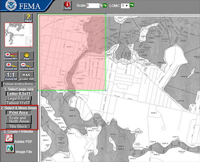 FEMA FIRMette Web interface with Zoom Win, Pan, plus sign Zoom, minus sign Zoom, 1:1 Zoom In, MAX Zoom Out buttons. Follow Instructions 1. Select page size. Letter 8.5 x11, Legal 8.5x14, Tabloid 11x17. 2. Select & Move Areas. Print Area, Scale and North Arrow, Title Block. 3. Create FIRMette. Adobe PDF, Image File. The 2. Select & Move Areas. Print Area, Scale and North Arrow, Title Block interface items are highlighted.