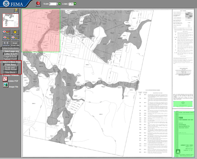 FEMA FIRMette Web interface with map are zoomed out so that you can see the pink area marking the map and green area around title block.