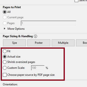 Other options, Current page, Pages. More Options drop down closed. Page Sizing & Handling. Size, Poster Multiple buttons. Below the button row are radial options, Fit, Actual Size which is selected, Shrink oversized pages, Custom Scale with percent. And Check option Choose paper source by PDF page size. A highlight box surrounds the radial and checkbox options. Orientation: is where the image ends