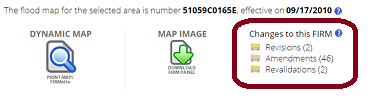 The flood map for the selected area is number 51059C0165E, effective on 09/17/2010 Dynamic Map icon, Map Image icon, Changes to this FIRM menu highlighted. Revisions folder (2), Amendments folder (46) Revalidations folder (2)