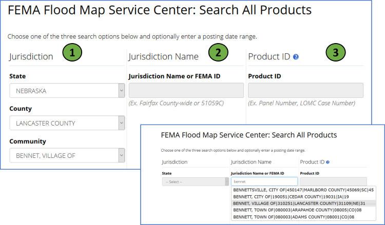 Image of the FEMA MSC site, cropped to show the three search options: Jurisdiction (labeled 1), Jurisdiction Name (2), and Product ID (3). An inset image shows the choice list that appears when typing in the Jurisdiction Name field.