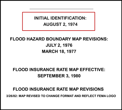 Initial Identification: August 2, 1974 highlighted. Flood Hazard Boundary Map Revisions: July 2, 1976, March 18, 1977. Flood Insurance Rate Map Effective: September 2, 1980. Flood Insurance Rate Map Revisions 3/26/82: Map revised to change format and reflect FEMA LOGO