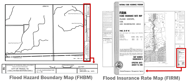Flood Hazard Boundary Map (FHBM) and Flood Insurance Rate Map (FIRM) with title blocks highlighted. FRIM Flood Insurance Rate Map, Flood County, USA