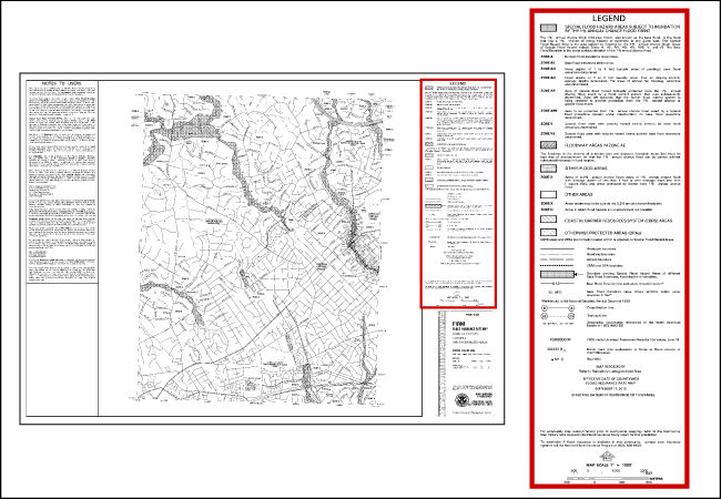 Flood map panel with legend identified. A blowup of the legend shows that there are pattern keys, terms and symbols and explanation, however, the text is not legible.