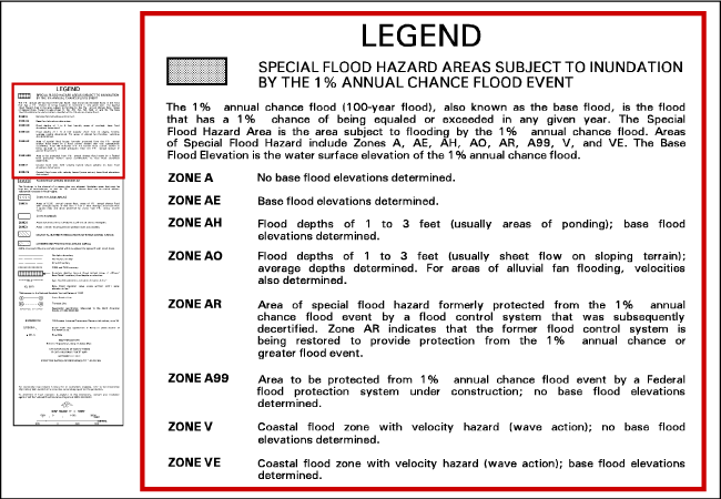 Partial section of a legend, including Legend title.  Shaded rectangle is the key for Special Flood Hazard Areas Subject to inundation by the 1% annual Change Flood Event. The 1-percent annual chance flood (100-year flood) also known as the base flood, is the flood that has a 1% chance of being equaled or exceeded I any given year. The Special Flood Hazard Area is the area subject to flooding by the 1% annual change flood. Areas of Special Flood Hazard include Zones A, AE, AH, AO, AR, AO, AR, A99, V and VE.  The Base Flood Elevation is the water surface elevation  of the 1% annual change flood. ZONE A: No base flood elevations determined.  Zone AE: Base flood elevations determined. Zone AH: Flood depths of 1 to 3 feet (usually areas of ponding); base flood elevations determined. ZONE AO: Flood of 1 to 3 feet (usually sheet flow on sloping terrain); average depths determined. For areas of alluvial fan flooding. Velocities also determined. Zone AR: Area of special flood hazard formerly protected from the 1% annual chance flood event by a flood control system that was subsequently decertified. Zone AR indicates that the former flood control system is being restored to provide protection from the 1% annual change or greater flood event. Zone A99: Area to be protected from the 1% annual change flood evet by a Federal flood protection system under construction; no base flood elevations determined. Zone V: Coastal flood zone with velocity hazard (wave action); no base flood elevations determined. Zone VE: Coastal flood zone with velocity hazard (wave action); base flood elevations determined.