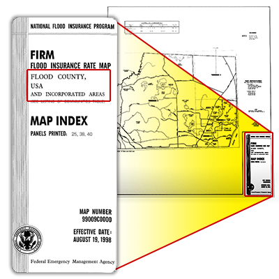 Flood map with community name, Flood County, USA and incorporated areas, highlighted - FIRM Flood Insurance Rate Map, Flood County, USA and incorporated areas. Map Index