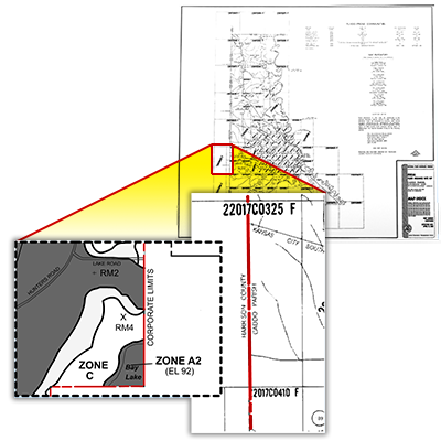 Flood map index with a corporate Limits line magnified