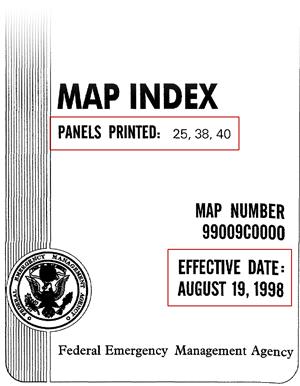 Map Index, Panels Printed: 25, 38, 40. Map Number 99009C0000 Effective Date: August 19, 1998 Federal Emergency Management Agency