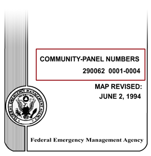 Community-Panel Numbers highlighted on an example Flood Insurance Map Index. Community Panel Numbers 290062 0001-0004, Map Revised: June 2, 1994, Federal Emergency Management Agency