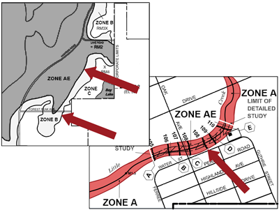 A magnified section of the map panel with arrows pointing to the floodplain boundaries