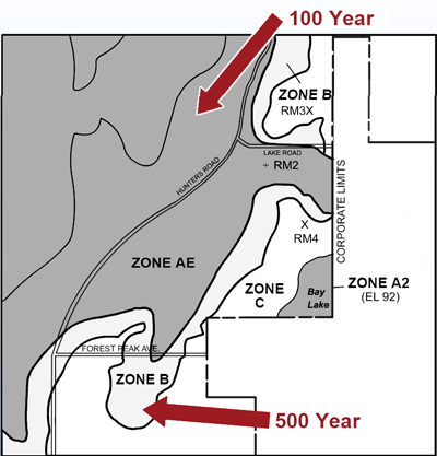Flood map - dark tint indicating 100 year flood hazard area and lighter tint indicating 500 year flood hazard area