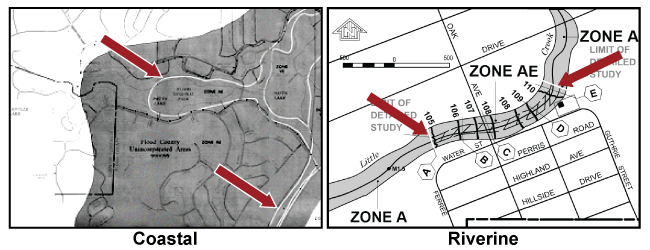 Section of FIRM with arrows pointing at Coastal zone division lines. (Zone designations not legible) Section of FIRM with arrows pointing at Riverine Zone division lines between Zone A and Zone AE.