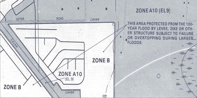 The image is a portion of a community's Flood Insurance Rate Map. Zone B. Arrows pointing to Zone B are labeled "This area protected from the 100-year flood by levee, dike or other structure subject to failure or overtopping during larger floods.