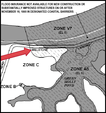 Arrow pointing to designated coastal area.  Flood insurance not avaialbe for new construction or substantially improved structures on or after November 16, 1990 in designated coastal barriers. Inside coastal barrier Zone V7 (EL 8') Zone A5 (EL 6) Green Holly Pond