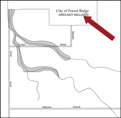 Arrow pointing to note on Flood map, Note states City of Forest Ridge AREA NOT INCLUDED