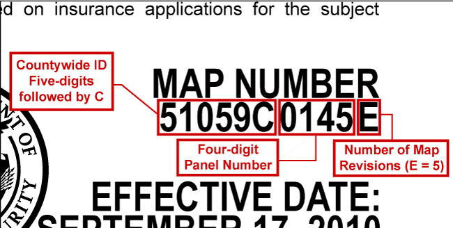 Map Number 51059C0145E. Countywide ID Five-digits followed by C - 51059C. Four digit Panel Number - 0145. Number of Map Revisions (E equals 5)