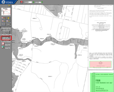 FEMA FIRMette Web interface with Zoom Win, Pan, plus sign Zoom, minus sign Zoom, 1:1 Zoom In, MAX Zoom Out buttons. Follow Instructions 1. Select page size. Letter 8.5 x11, Legal 8.5x14, Tabloid 11x17. 2. Select & Move Areas. Print Area, Scale and North Arrow, Title Block. 3. Create FIRMette. Adobe PDF, Image File. The 2. Select & Move Areas have the Scale and North Arrow highlighted. The scale and north arrow on the FIMR are highlighted with a pink box indicating they can be repositioned.