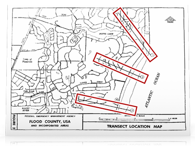 A transect location map shows three transects in a coastal area in Flood County, USA, outlined in red.