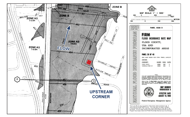 FIRM with section showing property as red square in gray shaded area and at corner of two streets. Flow and upstream corner of structure are identified.