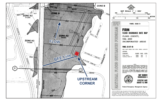 FIRM with section showing property as red square in gray shaded area and at corner of two streets. BFE Line from upstream corner of structure on the property and FLOW direction are identified on the map.