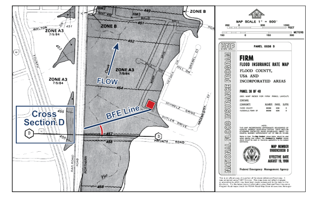 On the FIRM, a curved line following center line of stream has been drawn from Cross section D to the property’s BFE line.