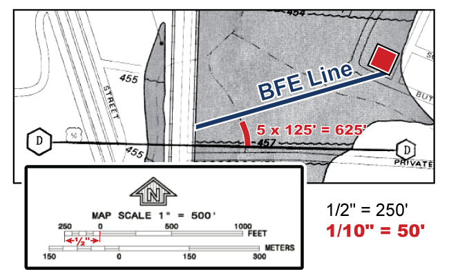 Close-up of BFE line with 5 X 125 feet = 650 feet line drawn from cross section D, almost to the BFE. 250 feet to 0 feet section of Scale equals 1/2 inch. 1/10 inch equals 50 feet.