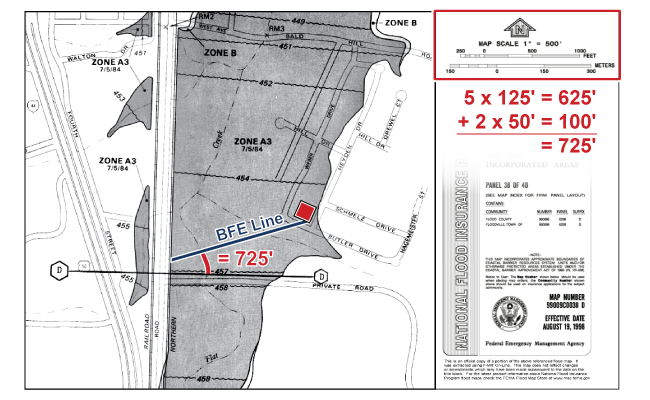 Total of five segments that are equal to 125 feet each and a remaining segment of 100 feet drawn along the centerline of the stream from cross section D to the Property BFE line.