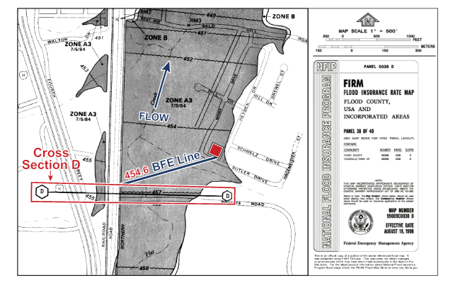 Site BFE identified as 454.6 feet. Cross Section D BFE 457 feet.