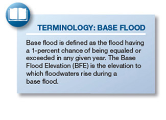 Terminology: Base Flood-Base flood is defined as the flood having a 1-percent chance of being equaled or exceeded in any given year. The Base Flood Elevation (BFE) is the elevation to which floodwaters rise during a base flood.