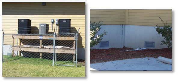 collage of different types of wet floodproofing-fence around ac units, vents in basement to let water pass though.