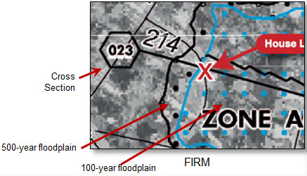 fig 4-2 sample of a FRIM showing cross section, 500-year floodplain, 100-year floodplain