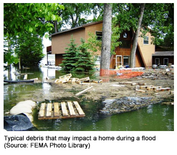 picture of house with typical debris that may impact a home during a flood.