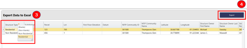 Screenshot of SDE Tool showing Export Data to Excel screen with 3) Structure Type column sort options menu showing Blanks, Non blanks, Non-residential, and Residential selected; and 4) Export button highlighted. Other columns: Parcel, Lot, First Floor Elevation, NFIP Community ID, NFIP Community Name, Latitude, Longitude, Structure Owner First Name, Structure Owner Last Name.