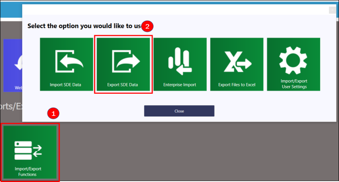 Screenshot of SDE Tool Main Menu showing 1) Import/Export Functions highlighted, and 2) Export SDE Data option highlighted on "Select the option you would like to use" screen.