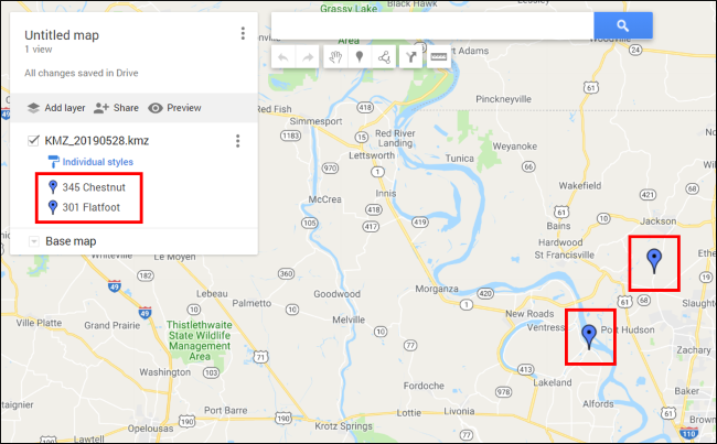 Screenshot of untitled map displaying results of KMZ export. 345 Chestnut and 301 Flatfoot are shown on the map legend, as well as on the map with place markers.