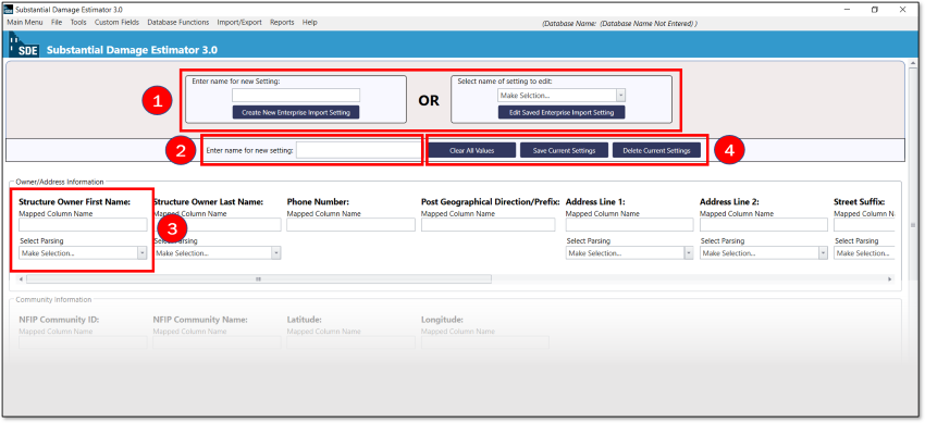 Screenshot of SDE Tool showing steps to save enterprise import mapping settings. Refer to appendix for full text.