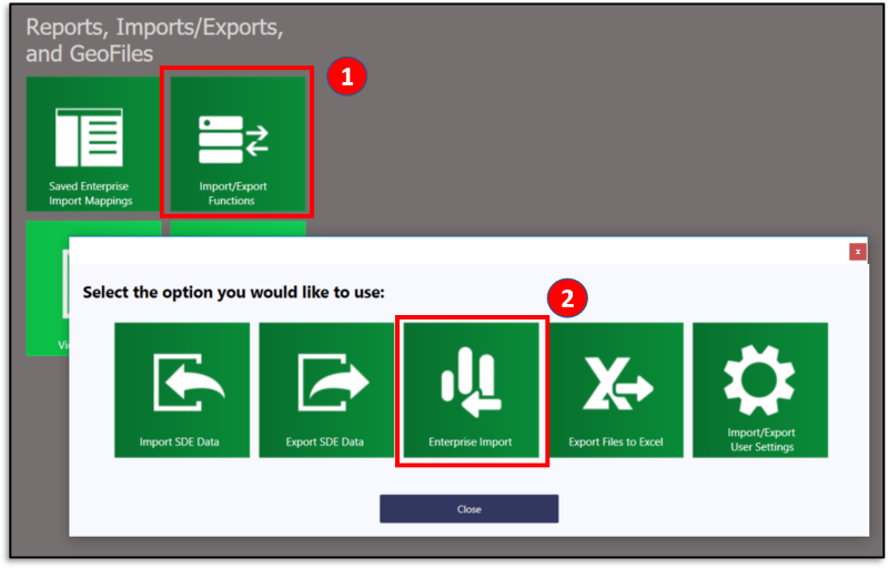 Screenshot of Reports, Imports/Exports, and Geofiles section of SDE Menu, showing Import/Export Functions (1) highlighted. Popup screen shows Select the option you would like to use: Import SDE Data; Export SDE Data; Enterprise Import (2); Export Files to Excel; Import/Export User Settings. Close.