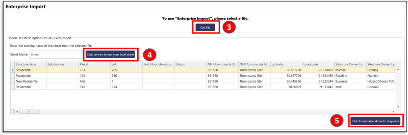 Screenshot of Enterprise Import screen. To use "Enterprise Import", please select a file. Get File (3). Please set these options for MS Excel import: Enter the existing name of the sheet from the selected file. Sheet name: Sheet. Click here to format your Excel sheet (4) Sample data is shown in a table. At bottom: Click to use table above to map data (5)