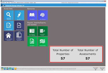 A view of the Substantial Damage Estimator 3.0 Main Menu screen superimposed with an enlargement of the Total Number of Properties and Total Number of Assessments section. Foreground: Enlarged version of the Totals section of the screen. Total number of Properties, 57; Total Number of Assessments, 57. Background: SDE Tool Menu screen: Software title: (SDE logo) Substantial Damage Estimator 3.0. Below is Main Toolbar tabs: Main Menu, File, Tools, Custom Fields, Database Functions, Import/Export, Reports, Help. (italics) (Database Name: (Database Name Not entered). Below: (SDE logo) Substantial Damage Estimator 3.0. A partially obscured SDE Tool Main Menu showing two of the three groups of menu options: Access Data with buttons for View/Search All Reports, Bulk Editor, Enter Default Data, Add New Property, (emphasized) Add New Residential Assessment, Add New Non-Residential Assessment; and Resources with buttons for User Manual and Web References. At the bottom of the screen are the icons for tornado, hurricane, flood, lighting, tsunami, and fire. SDE is a tool provided by FEMA to help local officials administer the substantial damage requirements of their floodplain management ordinance in accordance with the minimum requirements of the NFIP. Total number of Properties, 57; Total Number of Assessments, 57.