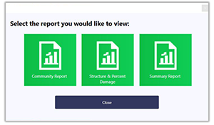 Window title: Select the report you would like to view. Below: buttons: Community Report, Structure and Percent Damage, and Summary Report. Below: Close button.