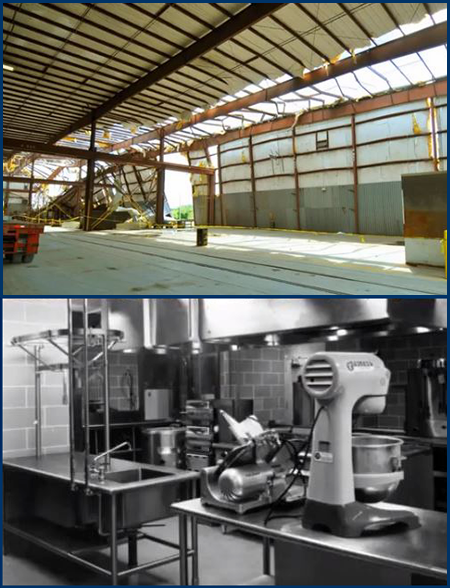 Two photos representing interior damage to a non-residential structure, including damaged equipment/machinery