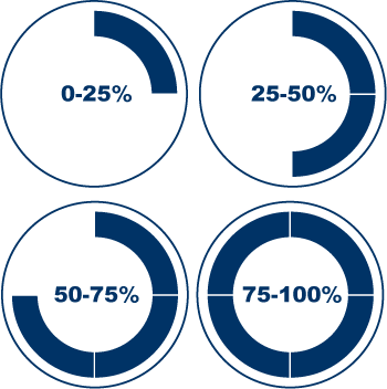 Graphic showing range of damages represented in 4 circles: 0-25%, 25-50%, 50-75%, and 75-100%