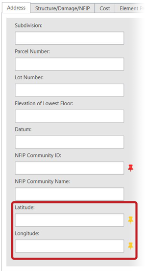 Portion of SDE Tool Address screen with Latitude and Longitude text field emphasized. Top: (active) SDE Address Tab, (Dimmed) Structure/Damage/NFIP tab, (Dimmed and emphasized) Cost tab, (dimmed and emphasized) Element Percentages tab, (obscured). Below: Column heading: Subdivision/Community. Column 1: Subdivision (empty text field); Parcel Number: (empty text field); Lot Number: (empty text field); Elevation of Lowest Floor: (empty text field); Datum: (empty text field); NFIP Community ID: (empty text field) (red push pin icon); NFIP Community Name: (empty text field); (emphasized) Latitude: (empty text field) (yellow push pin icon); (emphasized) Longitude: (empty text field) (yellow push pin icon).