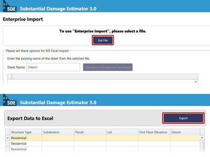 Collage of SDE Tool Enterprise Import and Export Data to Excel screens.