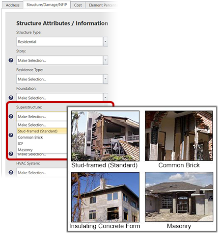 portion of the Structure/Damage/NFIP screen in SDE Tool and a diagram showing different types of superstructures. Column one heading: Structure Attributes/Information, below: Structure Type, drop down menu showing Residential; Story, (information icon) drop down menu showing Make Selection; Residence Type, (information icon) drop down menu showing Make Selection, Foundation (information icon) drop down menu showing Make Selection; (emphasized) Superstructure, (information icon) extended drop down menu showing (highlighted) Make Selection, Stud-Framed (Standard), Common Brick, ICF, Masonry; Roof Covering, (information icon) drop down menu showing Make Selection; Exterior Finish, (information icon) drop down menu showing Make Selection; HVAC System, (information icon) drop down menu showing Make Selection; Year of Construction, blank text field; Quality, (information icon) drop down menu showing Make Selection; Structure Information, blank text field. Superstructure diagram shows photos of example damaged homes: ICF, Common Brick, Masonry, Stud-Framed.