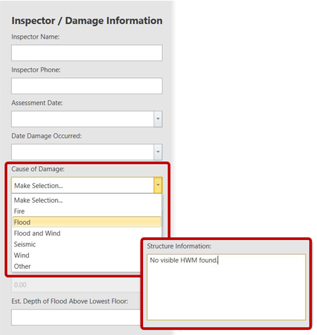 Portion of the Structure/Damage/NFIP screen in SDE Tool and an enlarged Structure Information text field showing “No visible HWM found.” Column 2 heading Inspector/Damage Information: Inspector Name: (empty text field);  Inspector Phone: (empty text field); Assessment Date, drop down menu showing 9/12/2019; Date Damage Occurred: drop down menu showing 9/12/2019; Cause of Damage: Flood; (selected checkbox) Damage Undetermined, drop down menu showing Make Selection; (emphasized) Duration of Flood: (empty text field), drop down menu showing Make Selection; (emphasized) Est. Depth of Flood Above Ground: 0.00; (emphasized) Est. Depth of Flood Above Lowest Floor: (empty text field).